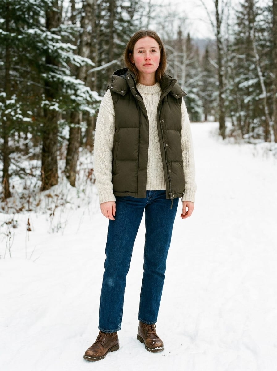 Pufferweste über dickem Strick - Winter Outfit Damen 2026